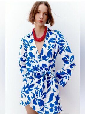 Zara Blue White Floral Wrap Dress Size Small NWT Tie Front Midi Flawed